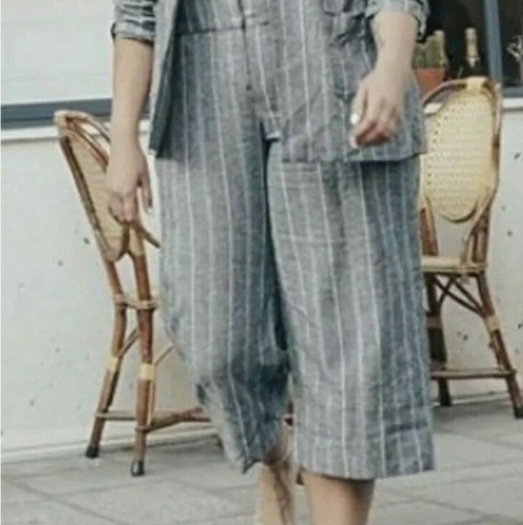 Lane Bryant Womens 16 Linen Blend Cropped Pants Trousers Wide Leg Striped - Picture 2 of 9